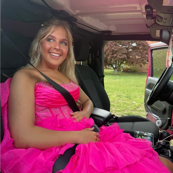 Vibrant Pink Strapless Ruffled Gown - Picture 4 of 6